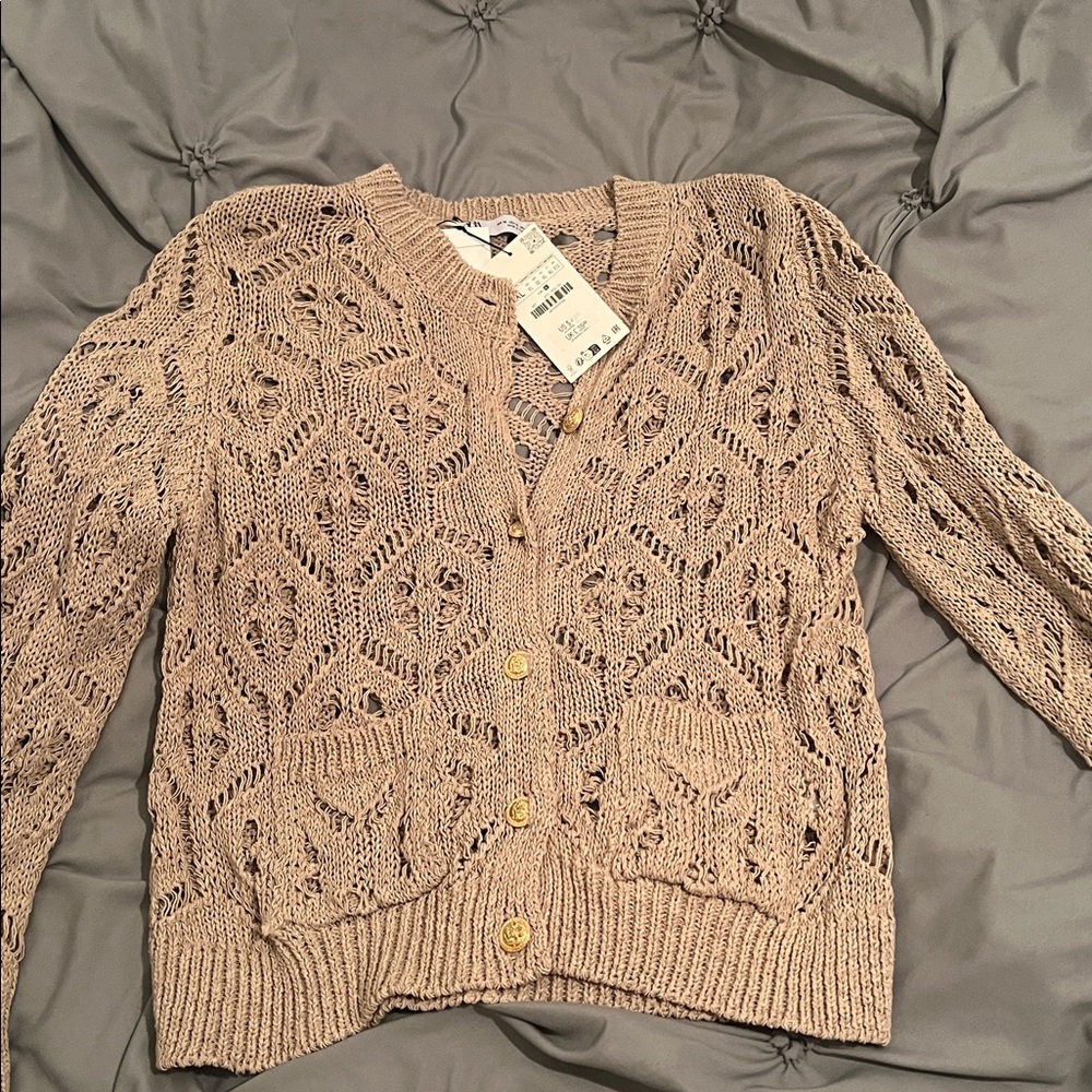 Zara Women's Tan Open-Knit Cardigan